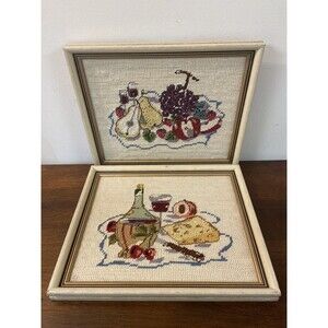 Needlepoint Tapestry Wine Fruit Cheese Cross Stitch Vintage Cottage Framed Set 2